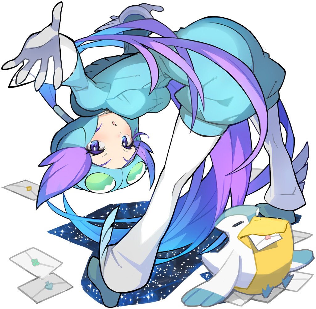 1girl bent_over blue_eyes envelope gloves helmet nagi_(pokemon) pelipper pokemon pokemon_(creature) pokemon_(game) pokemon_oras purple_hair saitou_naoki