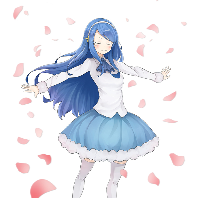 1girl :3 blue_hair blush closed_eyes hairband himouto!_umaru-chan long_hair long_sleeves outstretched_arms petals skirt smile solo spread_arms tachibana_sylphynford thigh-highs