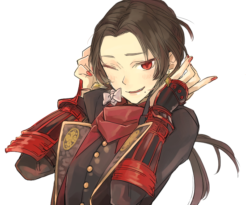 1boy brown_hair earrings jewelry kashuu_kiyomitsu male_focus mole mole_under_mouth nail_polish one_eye_closed ponytail red_eyes scarf smile tobacco_(artist) touken_ranbu upper_body