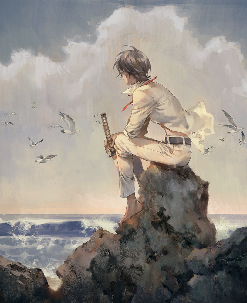 1boy alternate_costume back barefoot belt bird black_hair blue_sky clouds coast collared_shirt dress_shirt holding_sword holding_weapon horikawa_kunihiro long_sleeves male_focus ocean open_clothes open_shirt outdoors pants red_ribbon ribbon seagull shirt short_hair sky sword torn_clothes touken_ranbu weapon white_pants white_shirt wind xiling