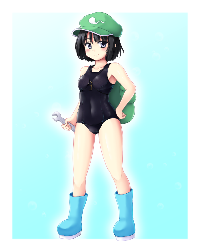 1girl backpack bag bare_legs black_eyes black_hair black_school_swimsuit blush boots dark_haired_kappa gomi_(gomitin) hand_on_hip hat kappa_mob key looking_at_viewer school_swimsuit short_hair simple_background small_breasts smile solo swimsuit touhou wrench