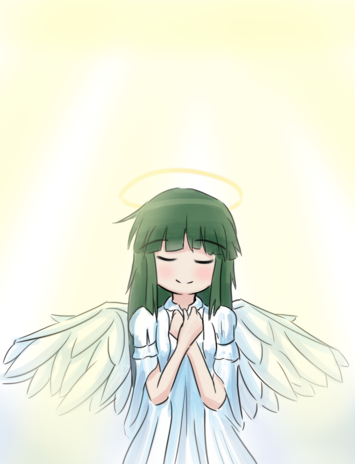 1girl angel_wings blush green_hair halo hidamari_sketch long_hair matsuki_miyu smile solo wings yoshinoya