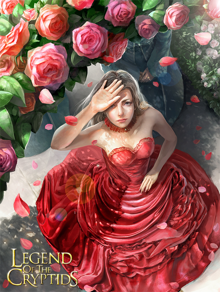 1girl bare_shoulders covering_face dress fantasy flower from_above hand_on_hip legend_of_the_cryptids lens_flare looking_up petals red_dress robe rose shade tagme yuizoh