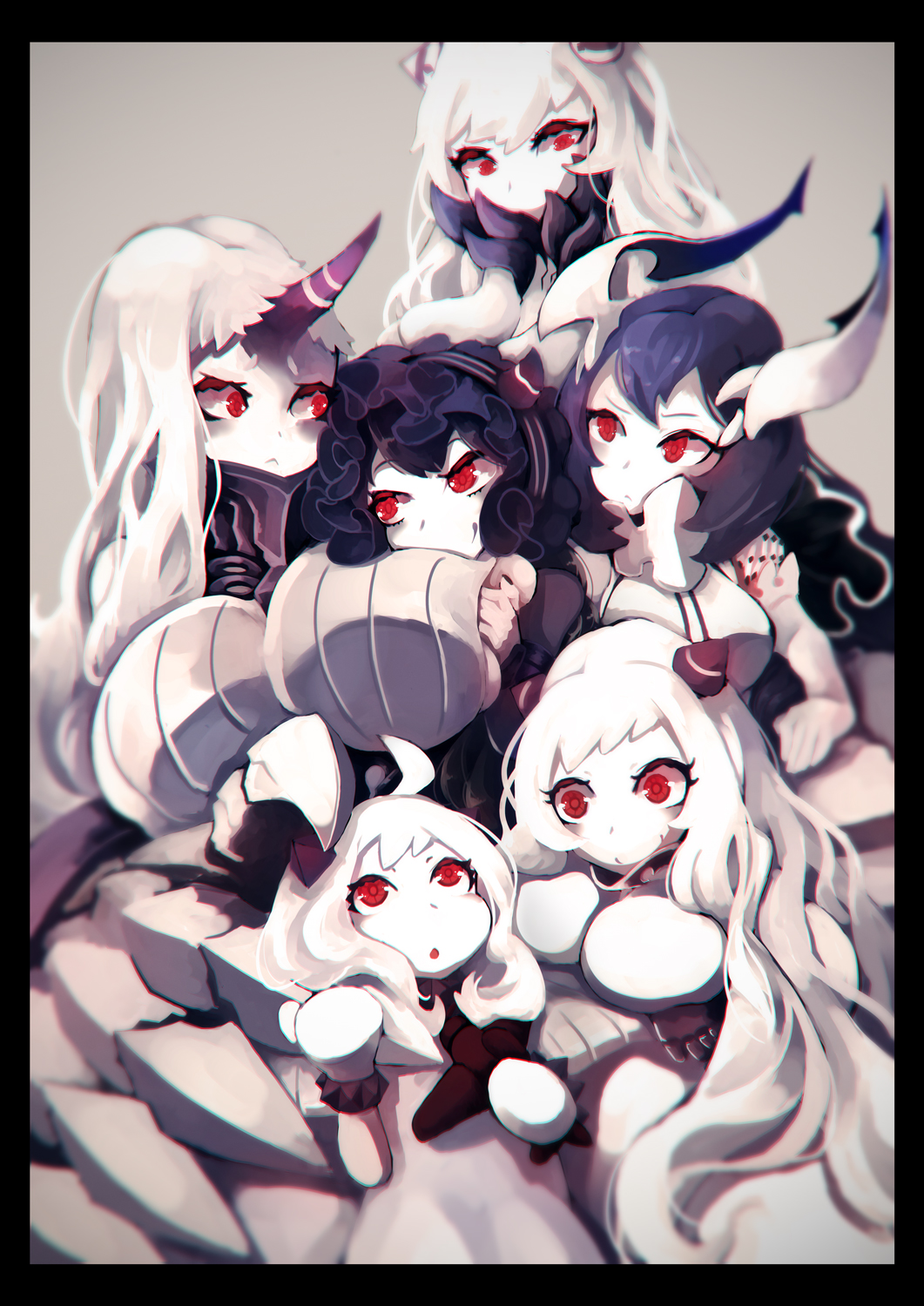 307 6+girls airfield_hime airplane anchorage_water_oni black_border black_hair border breasts claws covered_mouth detached_sleeves dress gloves hairband highres horn horns isolated_island_oni kantai_collection large_breasts lolita_hairband long_hair midway_hime mittens multiple_girls northern_ocean_hime pale_skin red_eyes seaport_hime shinkaisei-kan wavy_hair white_dress white_gloves white_hair white_skin