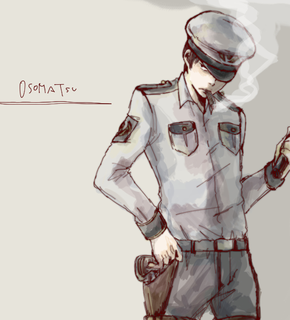 1boy character_name cigar grey_background hat_over_eyes holster male_focus muusanniji_(dbnst) osomatsu-kun osomatsu-san osomatsu_(osomatsu-kun) police police_uniform shaded_face simple_background smoking solo uniform