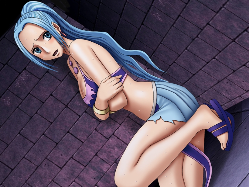 1girl blue_eyes blue_hair blue_skirt blush breasts cleavage covering covering_breasts crimson_comics crop_top female indoors long_hair nefertari_vivi no_legwear no_socks one_piece open_mouth pleated_skirt ponytail sandals skirt solo torn_clothes torn_skirt