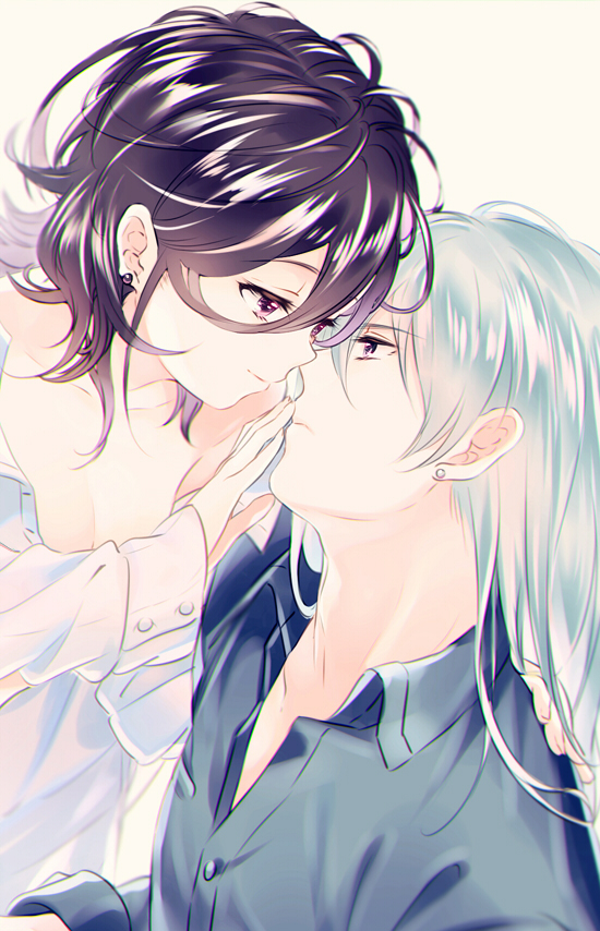 1boy 1girl beige_background blue_eyes blue_hair breasts buttons cleavage closed_mouth collared_shirt covering_mouth dress_shirt earrings eye_contact face-to-face frown hair_between_eyes hand_over_another's_mouth hetero jewelry kaze-hime long_hair long_sleeves looking_at_another messy_hair noses_touching open_clothes open_shirt original purple_hair shirt short_hair simple_background smile unbuttoned violet_eyes white_shirt
