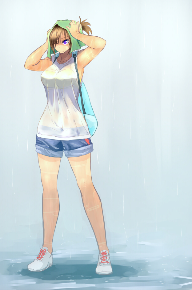 1girl backpack bag black_hair bra breasts full_body large_breasts one_eye_closed onibi_(foxhound4185) original patchwork_girl_(onibi) rain see-through shoes shorts side_ponytail sneakers solo tank_top towel towel_on_head underwear violet_eyes wet wet_clothes