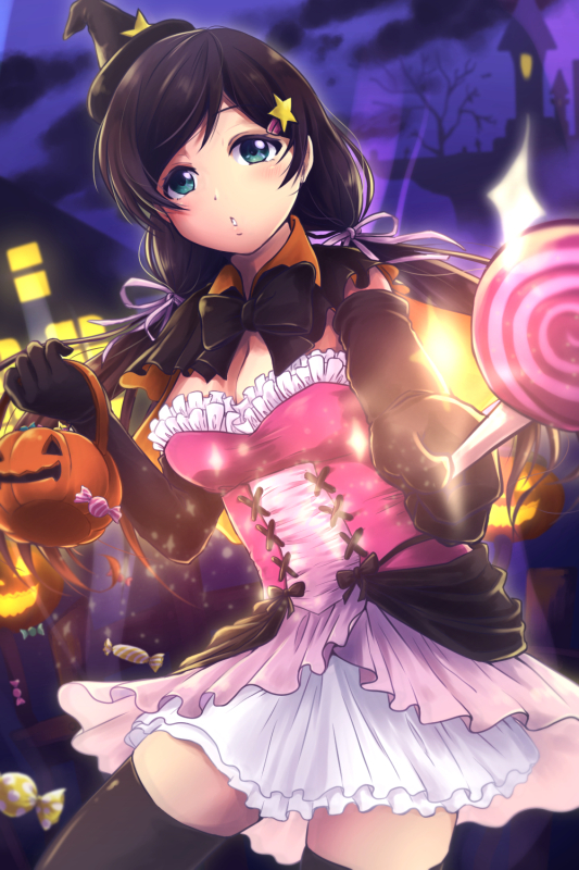 blush cape dress green_eyes halloween hat long_hair love_live!_school_idol_project low_twintails night smile toujou_nozomi twintails violet_hair