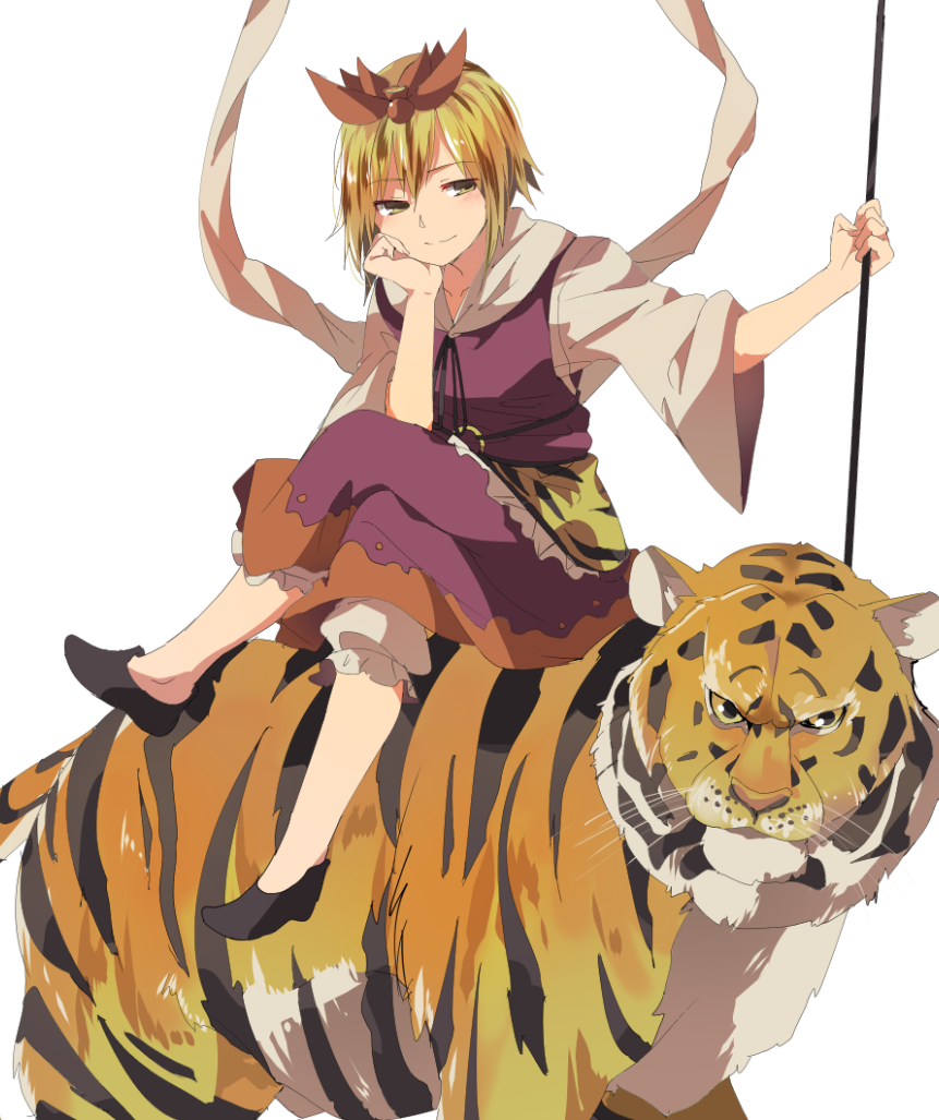 1girl animal apron blonde_hair bloomers blush brown_hair coin crossed_legs dress hair_ornament hasebe_yuusaku long_sleeves looking_at_viewer looking_to_the_side multicolored_hair polearm red_dress shawl shoes short_hair simple_background sitting sitting_on_animal smile spear tiger toramaru_shou touhou two-tone_hair underwear waist_apron weapon white_background wide_sleeves