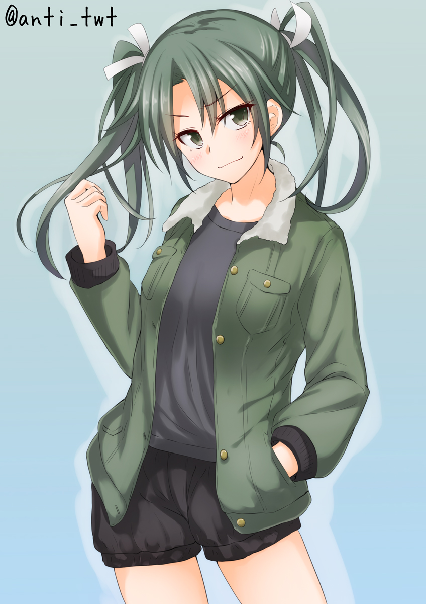 1girl anti_(untea9) black_pants black_shirt blue_background casual green_eyes green_hair green_jacket hair_ornament hand_in_pocket highres jacket kantai_collection long_sleeves looking_at_viewer pants shirt short_pants simple_background smug solo standing twintails twitter_username zuikaku_(kantai_collection)