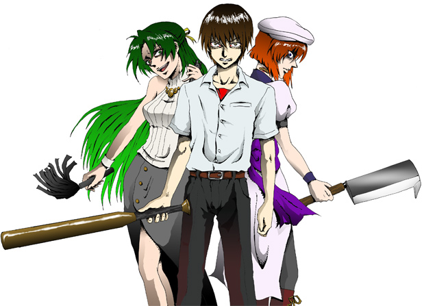 1boy 2girls angry baseball_bat beret bow breasts brown_hair cleaver crazy_eyes dress green_hair hair_ribbon hat higurashi_no_naku_koro_ni long_hair looking_at_viewer maebara_keiichi multiple_girls open_mouth orange_hair ribbon ryuuguu_rena school_uniform short_hair skirt smile sonozaki_shion sweater_vest thigh-highs weapon whip zonsters