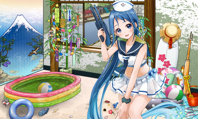 1girl absurdly_long_hair adapted_costume ball beachball blue_eyes blue_hair commentary fake_screenshot flip-flops hat indoors innertube kantai_collection kirisawa_saki long_hair looking_at_viewer midriff open_mouth samidare_(kantai_collection) sand sand_sculpture sandals shovel smile solo straw_hat surfboard swimsuit tagme very_long_hair wading_pool weapon window worktool