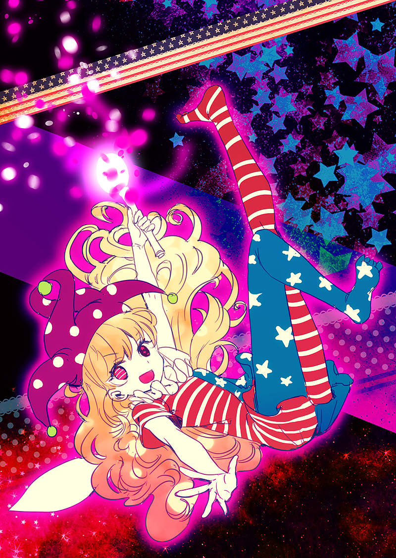 1girl american_flag_legwear american_flag_shirt arm_up clownpiece fairy_wings full_body hat heterochromia jester_cap long_hair nr_(cmnrr) open_mouth orange_hair outstretched_arms pantyhose print_legwear short_sleeves smile solo star striped touhou wings