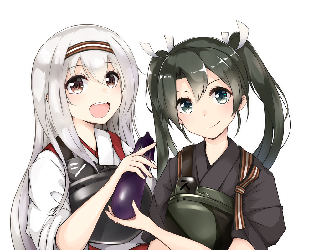 2girls :d blush breastplate brown_eyes colis_(regunm772) commentary_request eggplant food green_eyes green_hair hair_ribbon hairband kantai_collection long_hair multiple_girls muneate open_mouth remodel_(kantai_collection) ribbon short_sleeves shoukaku_(kantai_collection) simple_background smile traditional_clothes twintails upper_body vegetable white_background white_hair zuikaku_(kantai_collection)