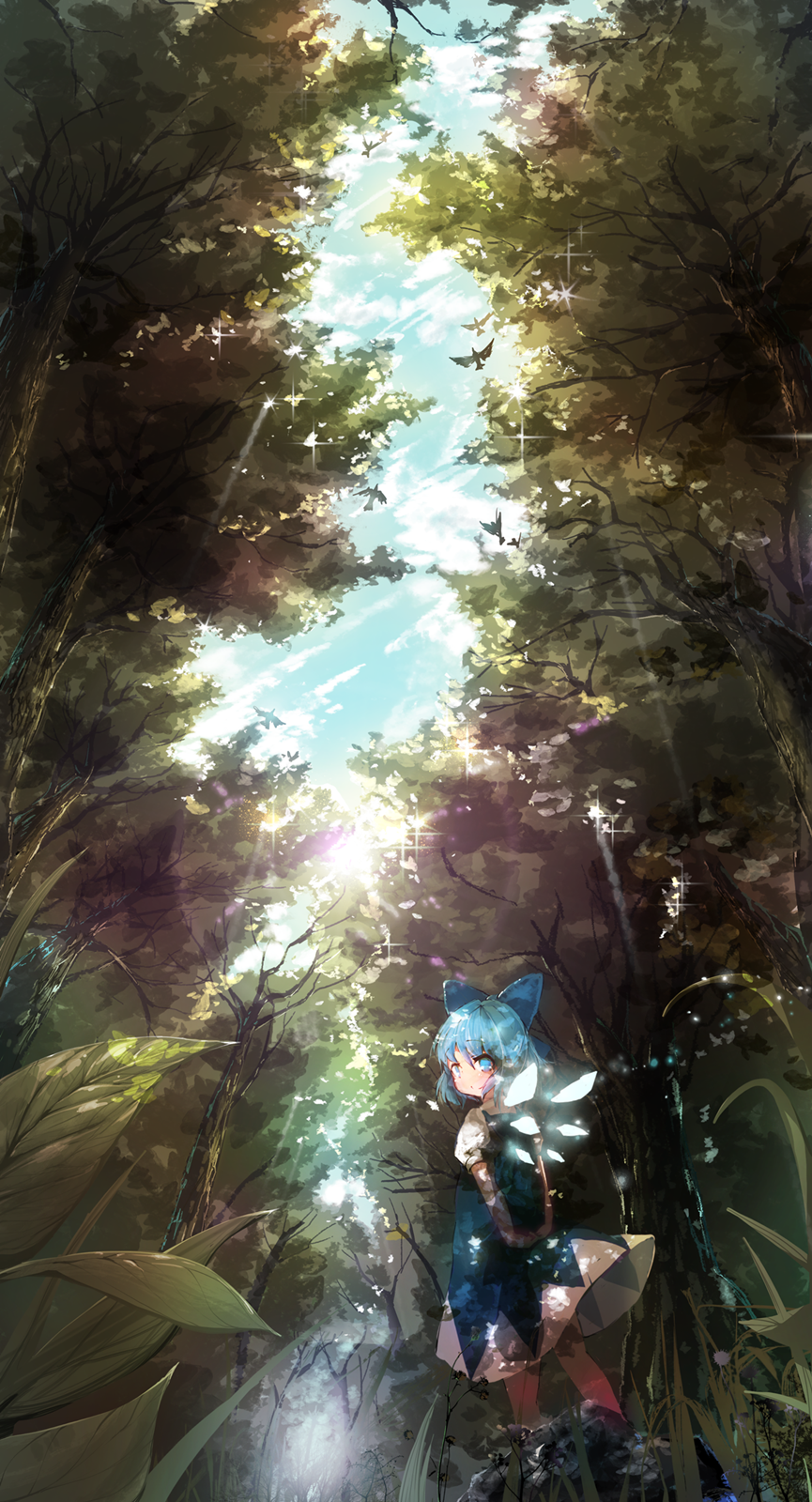 1girl akisha arms_behind_back bird blue_dress blue_eyes blue_hair cirno clouds dress forest from_behind hair_ornament hair_ribbon highres landscape looking_at_viewer looking_back nature puffy_sleeves ribbon short_hair short_sleeves sky solo sparkle touhou tree tree_shade