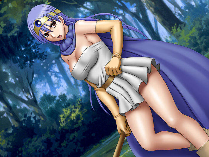 1girl belt blue_hair breasts cape circlet cleavage crimson_comics dragon_quest elbow_gloves feet_out_of_frame female forest gloves hair_between_eyes holding holding_weapon long_hair nature open_mouth orange_hair outdoors pleated_skirt sage_(dq3) skirt sleeveless solo strapless tree