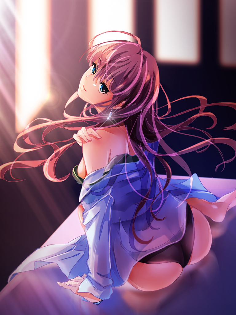 1girl arm_support ass barefoot black_bra black_panties blue_eyes bottomless bra breasts brown_hair closed_mouth earrings hand_on_own_shoulder hand_on_shoulder ichinose_shiki idolmaster idolmaster_cinderella_girls indoors jewelry lens_flare long_hair long_sleeves looking_at_viewer loose_clothes off_shoulder open_clothes open_shirt panties saojou school_uniform shirt sitting sleeves_past_wrists smile solo sunlight underwear