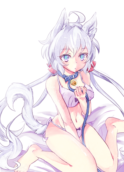 1girl ahoge animal_ears bare_legs bare_shoulders bed bell bow bow_bra bow_panties bra breasts collar dog_ears dog_tail hair_scrunchie jingle_bell kemonomimi_mode large_breasts leash long_hair navel on_bed panties pitapi senki_zesshou_symphogear silver_hair sitting sitting_on_bed solo tail twintails underwear underwear_only very_long_hair violet_eyes wariza yukine_chris