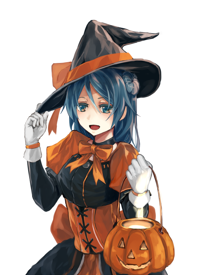 1girl :d alternate_costume blue_eyes blue_hair breasts commentary_request corset double_bun fudzuki gloves halloween halloween_costume hand_on_headwear hat kantai_collection long_hair long_sleeves natsuyuki open_mouth puffy_long_sleeves puffy_sleeves pumpkin ribbon simple_background smile solo urakaze_(kantai_collection) white_background white_gloves witch witch_hat