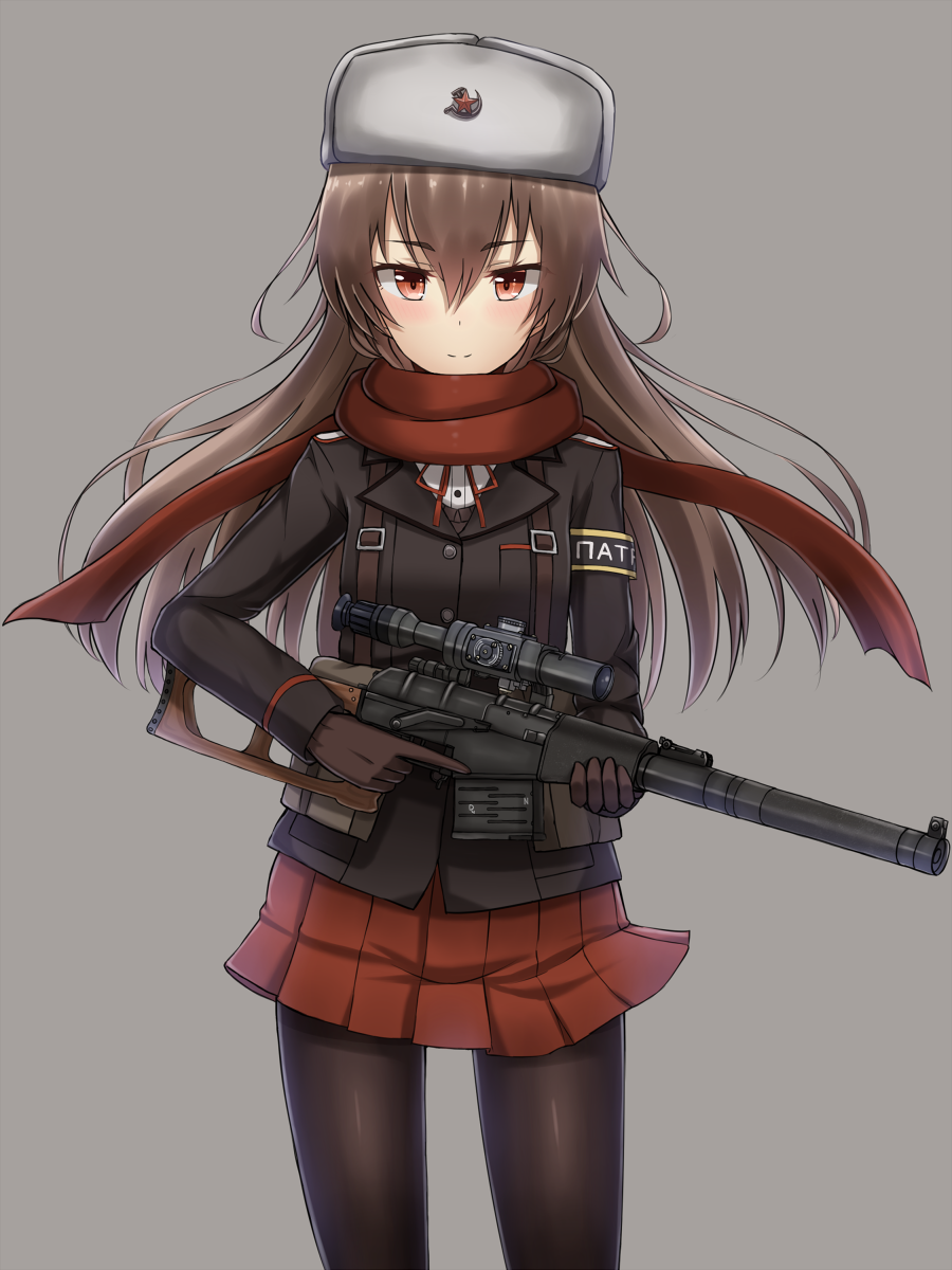 1girl armlet blush brown_gloves brown_hair buttons gloves grey_background gun hair_between_eyes hammer_and_sickle hat highres holding_gun holding_weapon long_hair looking_at_viewer original pantyhose rabochicken red_eyes red_scarf red_skirt ribbon rifle scarf simple_background skirt smile sniper_rifle solo standing trigger_discipline uniform vss_vintorez weapon