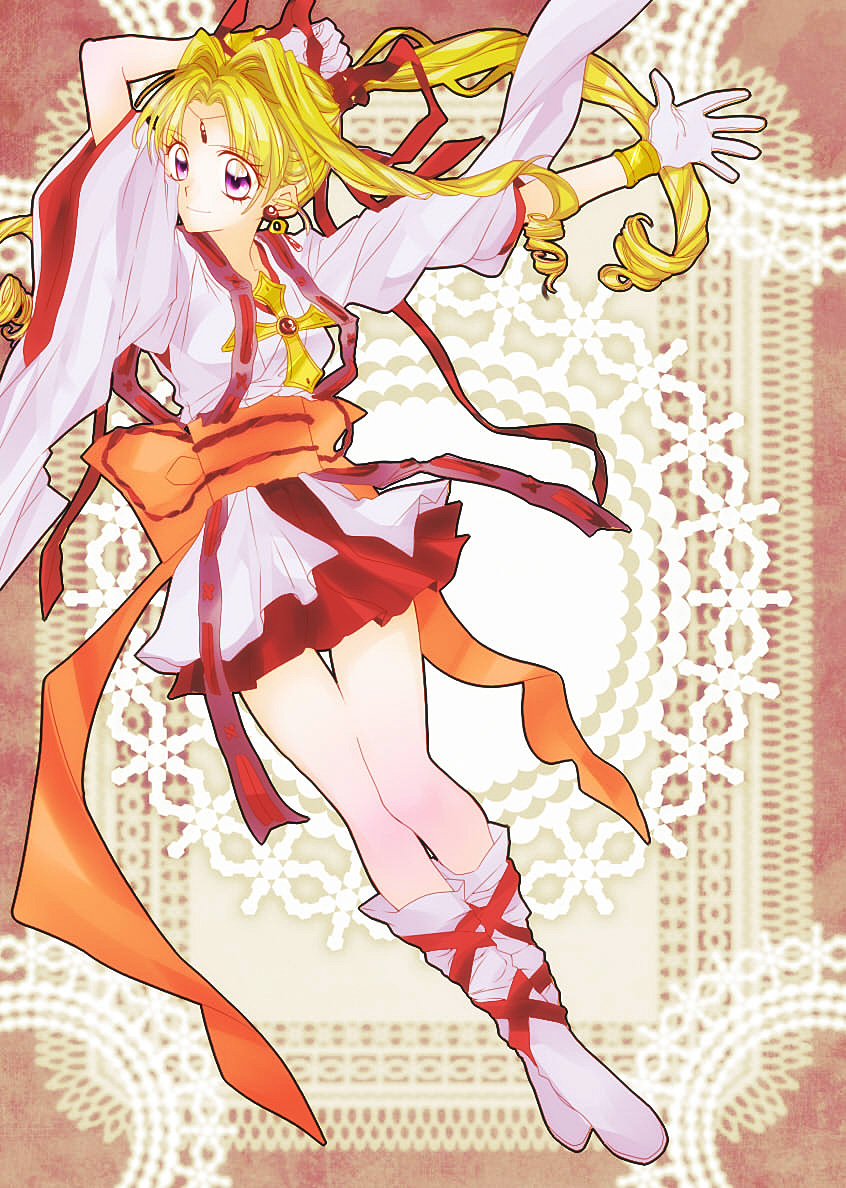 1girl arm_up blonde_hair boots cross cross-laced_footwear crossed_legs doily forehead_jewel gloves high_ponytail japanese_clothes kaitou_jeanne kamikaze_kaitou_jeanne knee_boots kusakabe_maron long_hair obi orange_ribbon outstretched_hand red_ribbon red_skirt ribbon sash sidelocks skirt solo violet_eyes white_boots white_gloves wide_sleeves yoshika_(draw-happy-picture)