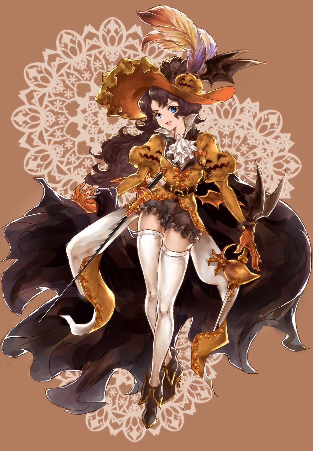 &gt;:d 1girl :d ange_d'erlanger bat_wings belt black_skirt blue_eyes brown_hair cape cravat feathers granblue_fantasy halloween hat hat_feather highres iana_(kirinou) jack-o'-lantern long_hair long_sleeves miniskirt open_mouth orange_gloves puffy_long_sleeves puffy_sleeves rapier skirt smile solo sword thigh-highs weapon white_legwear wings zettai_ryouiki