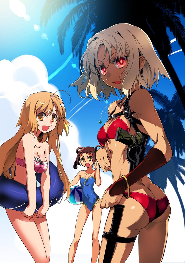 3girls 428 :d ahoge armpit_holster ass ball bandeau bare_legs bare_shoulders beach beachball bikini blue_sky blue_swimsuit bracelet breasts brown_eyes brown_hair butt_crack canaan canaan_(character) casual_one-piece_swimsuit cleavage clouds combat_knife condensation_trail dark_skin detached_sleeves gun handgun holster innertube ishida_akira jewelry jpeg_artifacts knife large_breasts long_hair looking_at_viewer looking_back multiple_girls muscle official_art one-piece_swimsuit oosawa_maria open_mouth palm_tree pendant pink_bikini pistol red_bikini red_eyes scan short_hair silver_hair sky smile string_bikini sunlight swimsuit textless thigh_strap tree weapon yunyun