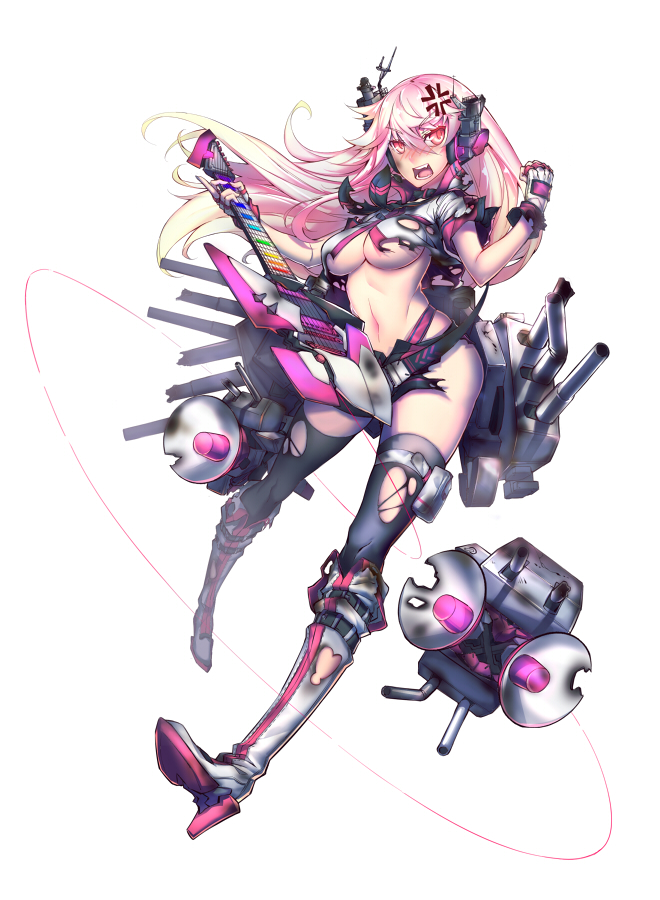 1girl alaska_(zhan_jian_shao_nyu) amplifier anger_vein angry bare_shoulders breasts clenched_hand guitar gun headset high_heels instrument long_hair loudspeaker mecha_musume megaphone middle_finger midriff ntrsis open_mouth personification pink_hair red_eyes solo speaker thigh-highs torn_clothes torn_thighhighs under_boob weapon zhan_jian_shao_nyu