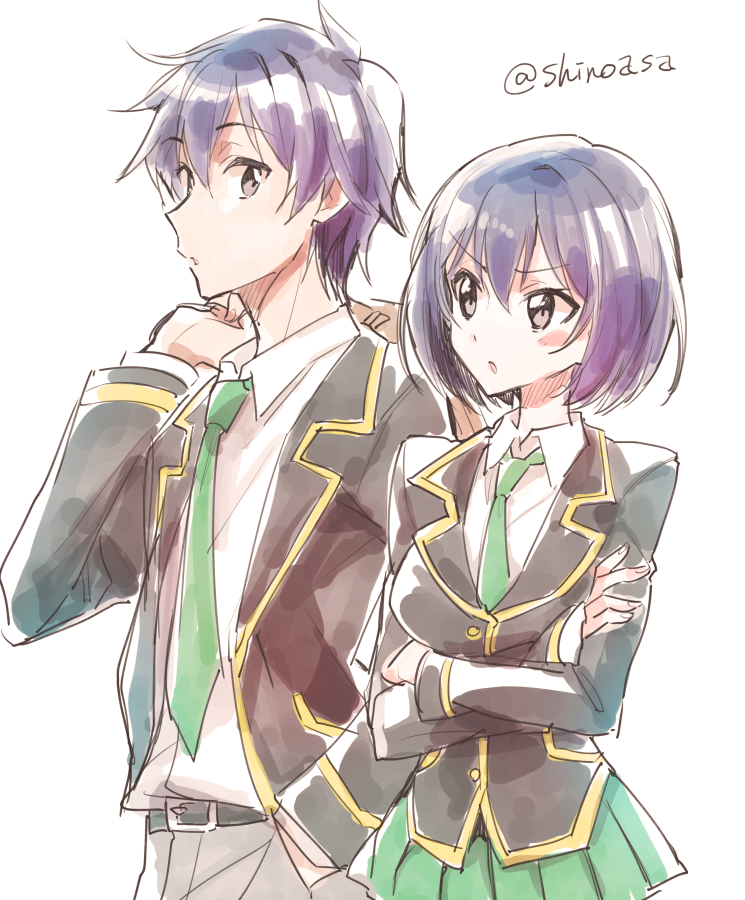1boy 1girl brother_and_sister joukamachi_no_dandelion necktie purple_hair sakurada_kanade sakurada_shuu school_uniform shinoasa short_hair siblings skirt twins