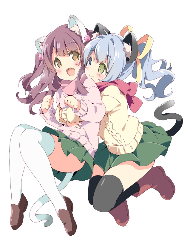 2girls :3 :d animal_ears black_legwear blue_eyes blush boots bow brown_boots brown_eyes brown_shoes cat_ears cat_tail fang green_eyes green_skirt hair_bobbles hair_bow hair_ornament heterochromia hug multiple_girls neneko-n open_mouth original ponytail scarf shoes skirt smile sweater tail thigh-highs two_side_up white_legwear