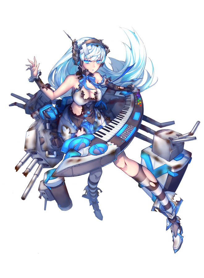 1girl bandages bandaid bare_shoulders blue_eyes blue_hair breasts cleavage detached_collar detached_sleeves guam_(zhan_jian_shao_nuy) gun headset instrument keyboard_(instrument) large_breasts long_hair ntrsis personification solo striped striped_legwear torn_clothes weapon zhan_jian_shao_nyu