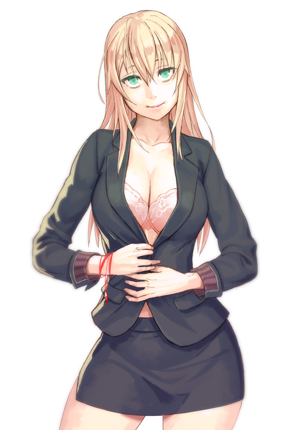 1girl and blonde_hair bra bracelet breasts cleavage contrapposto green_eyes head_tilt jacket jewelry large_breasts light_smile long_hair mustard_seeds no_shirt office_lady original pencil_skirt pink_bra red_string skirt slender_waist smile solo string underwear white_background