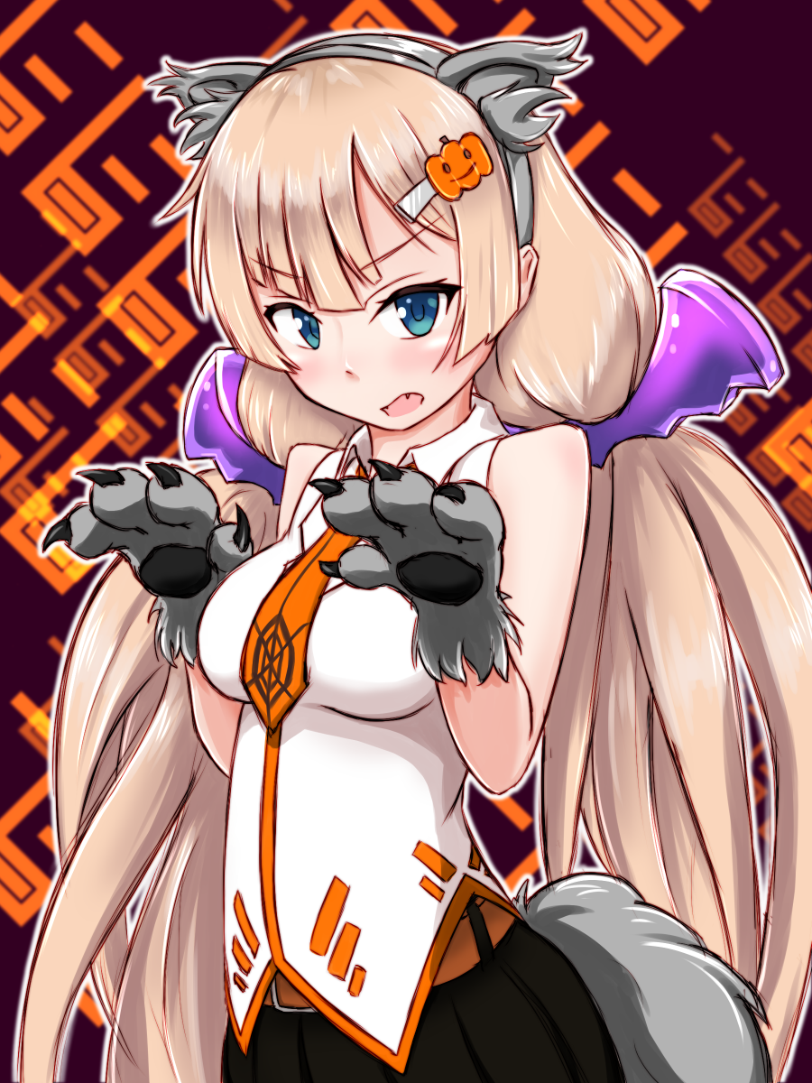 &gt;:o 1girl :o abstract_background alternate_costume angela_balzac animal_ears bangs bare_shoulders belt blonde_hair blue_eyes blush breasts fake_animal_ears fake_animal_tail fang gloves hair_ornament hairclip halloween halloween_costume highres large_breasts long_hair looking_at_viewer low_twintails necktie open_mouth paw_gloves paw_pose pumpkin_hair_ornament rakuen_tsuihou shirt sleeveless sleeveless_shirt solo tei-o twintails upper_body very_long_hair