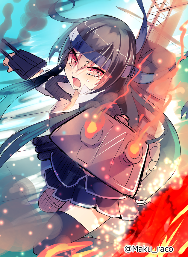 1girl black_hair black_legwear blazer blush cannon cis_(carcharias) crying crying_with_eyes_open fire hair_ornament hatsushimo_(kantai_collection) headband kantai_collection long_hair low-tied_long_hair machinery open_mouth pleated_skirt red_eyes remodel_(kantai_collection) school_uniform single_thighhigh skirt solo tears thigh-highs turret twitter_username