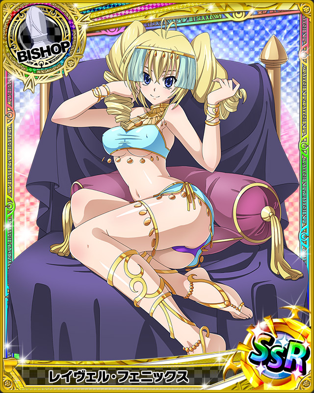 1girl anklet barefoot barefoot_sandals bed bishop_(chess) blonde_hair blue_eyes breasts card_(medium) character_name drill_hair egyptian_clothes high_school_dxd jewelry looking_at_viewer official_art panties pillow purple_panties ravel_phenex smile solo toe_ring trading_card twin_drills twintails under_boob underwear