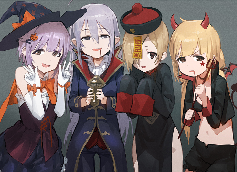 4girls :d ahoge blonde_hair blood blood_from_mouth brown_eyes cosplay demon_girl demon_horns demon_tail demon_wings double_w elbow_gloves fang futaba_anzu gloves grey_background grey_eyes grey_hair hair_ornament halloween hat horns hoshi_shouko idolmaster idolmaster_cinderella_girls jewelry jiangshi koshimizu_sachiko long_hair looking_at_viewer mossi multiple_girls mushroom navel necklace open_mouth pointy_ears polearm saliva saliva_trail shirasaka_koume short_hair simple_background smile tail talisman trident vampire_costume weapon white_gloves wings witch witch_hat