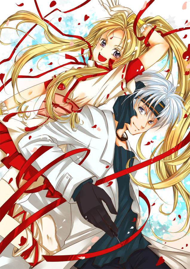 &gt;:d 1boy 1girl :d arm_up black_gloves blonde_hair commentary_request gloves headband high_ponytail kaitou_jeanne kaitou_sinbad kamikaze_kaitou_jeanne kusakabe_maron long_coat long_hair multiple_sleeves nagoya_chiaki open_mouth petals red_ribbon ribbon rokujou_(sakakixsakaki) rose_petals sidelocks smile very_long_hair violet_eyes white_hair