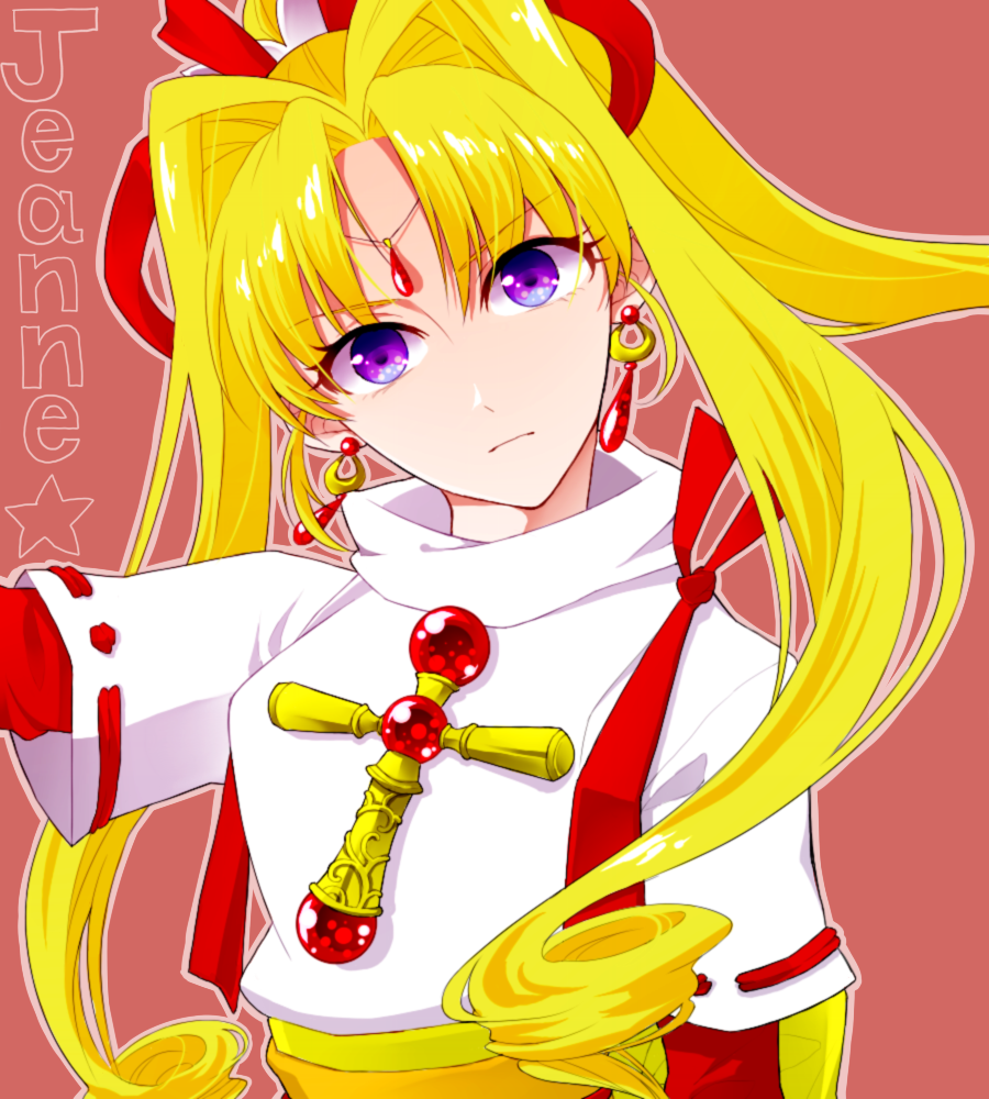 1girl bangs blonde_hair character_name chu_robo cross earrings expressionless forehead_jewel head_tilt jewelry kaitou_jeanne kamikaze_kaitou_jeanne kusakabe_maron looking_at_viewer multiple_sleeves parted_bangs red_ribbon ribbon sidelocks simple_background solo turtle upper_body violet_eyes