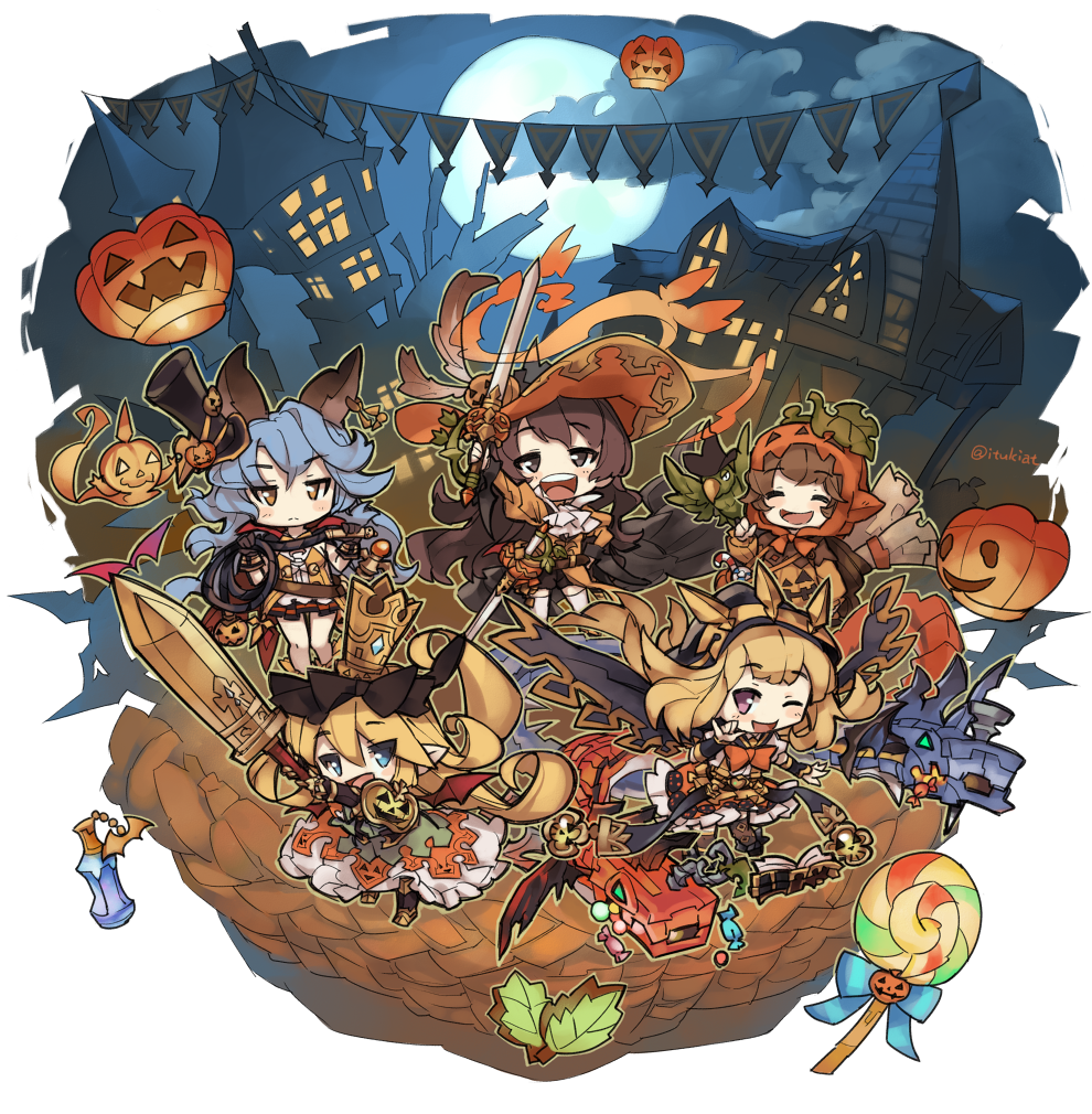 5girls :d ;d \m/ ^_^ ange_d'erlanger animal_ears arm_up bat_wings bird blonde_hair blue_eyes blue_hair blush brown_eyes building cagliostro_(granblue_fantasy) candy candy_cane cape charlotte_(granblue_fantasy) chibi closed_eyes crown ferri_(granblue_fantasy) flat_gaze frown full_moon granblue_fantasy halloween hand_on_hip hat holding_sword holding_weapon house itsukia jack-o'-lantern juliet_sleeves leaf lollipop long_hair long_sleeves moon multiple_girls one_eye_closed open_mouth pleated_skirt pointy_ears puffy_sleeves shirt sierokarte skirt smile swirl_lollipop sword thigh-highs twitter_username very_long_hair weapon whip white_legwear wings wrapped_candy yellow_eyes