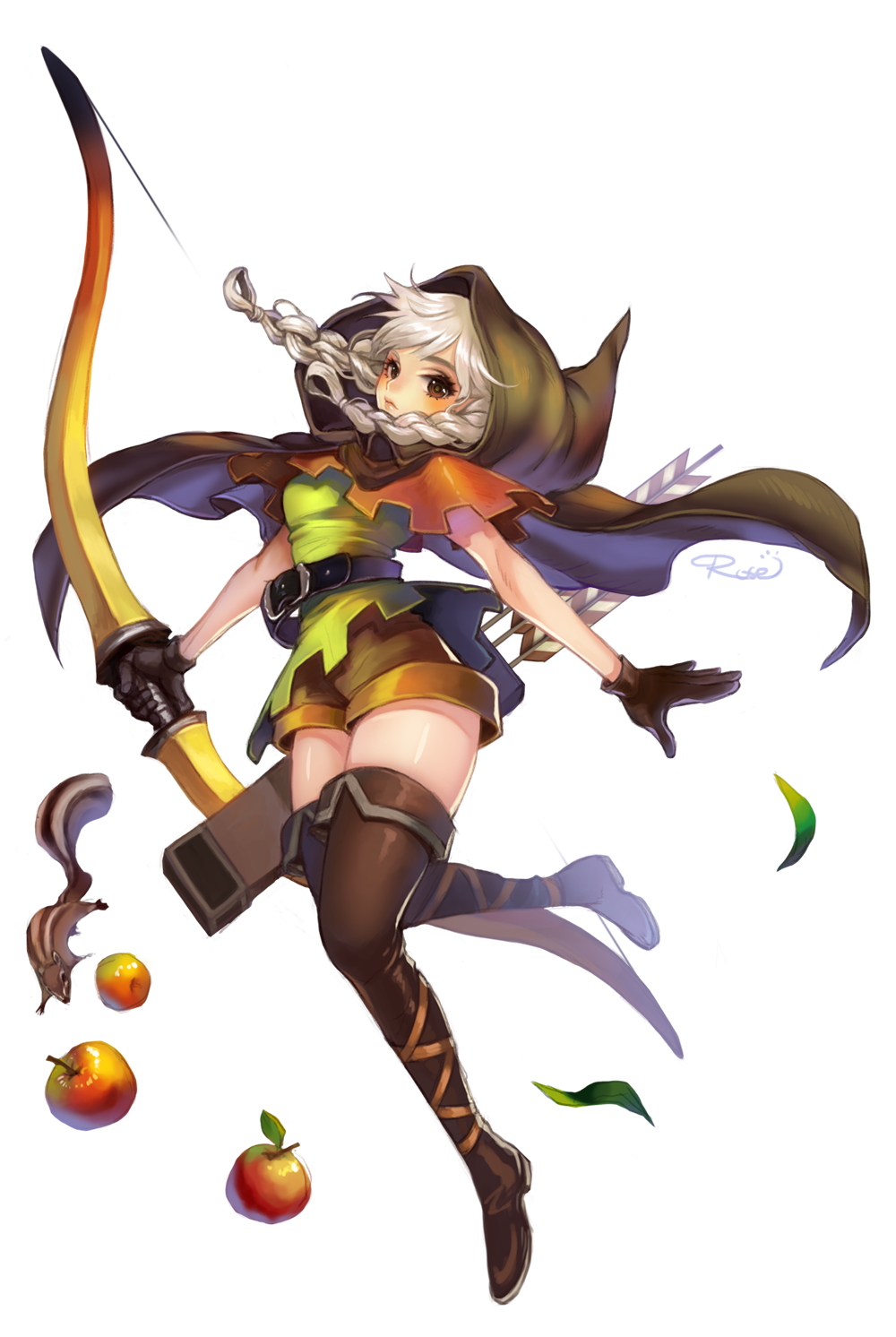 1girl apple arrow artist_name belt boots bow_(weapon) braid brown_boots brown_gloves brown_legwear cape dragon's_crown elf_(dragon's_crown) food fruit gloves highres hood knee_boots leaf one_leg_raised quiver rrose solo squirrel transparent_background twintails weapon white_hair