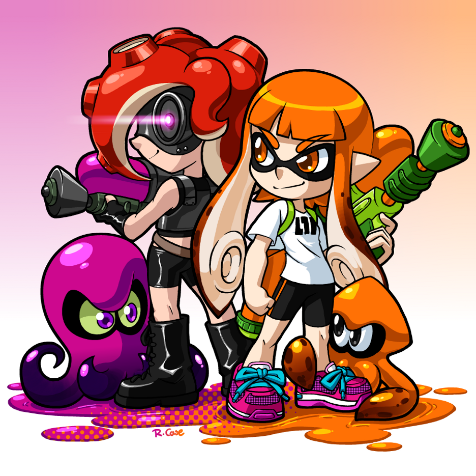 1girl 2girls armor artist_name back-to-back bike_shorts boots domino_mask fingerless_gloves gloves goggles green_sclera ink_tank inkling long_hair looking_at_another looking_back mask multiple_girls octarian octopus orange_eyes orange_hair paint_splatter pointy_ears print_shirt redhead robert_j_case shirt shoes signature smirk sneakers splatoon squid standing super_soaker t-shirt takozonesu tentacle_hair violet_eyes