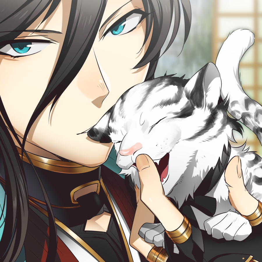 1boy black_hair blue_eyes closed_eyes fang gokotai's_tigers izumi-no-kami_kanesada male_focus open_mouth ot-nm tiger tiger_cub touken_ranbu white_tiger