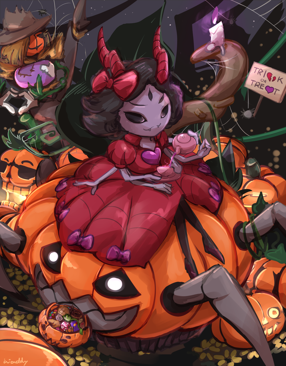1girl artist_name basket black_hair black_legwear bow broken_heart candle candy costume cup dress extra_arms fangs fire hair_bow halloween hat heart highres horns insect_girl jack-o'-lantern muffet night night_sky one_eye_closed pumpkin purple_fire red_dress riding scarecrow short_hair silk sky spider spider_girl spider_web sunglasses tagme teacup teapot trick_or_treat undertale waddy