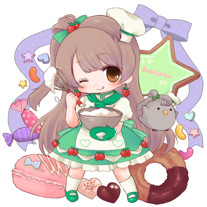 1girl ;q bird blush bow brown_eyes brown_hair candy character_name chef_hat chef_uniform chibi chocolate cookie cooking cream cursive doughnut earrings food fruit hat jewelry long_hair looking_at_viewer love_live!_school_idol_project macaron minami_kotori minami_kotori_(bird) mityennn mixing_bowl one_eye_closed ribbon smile solo strawberry tongue tongue_out toque_blanche whisk