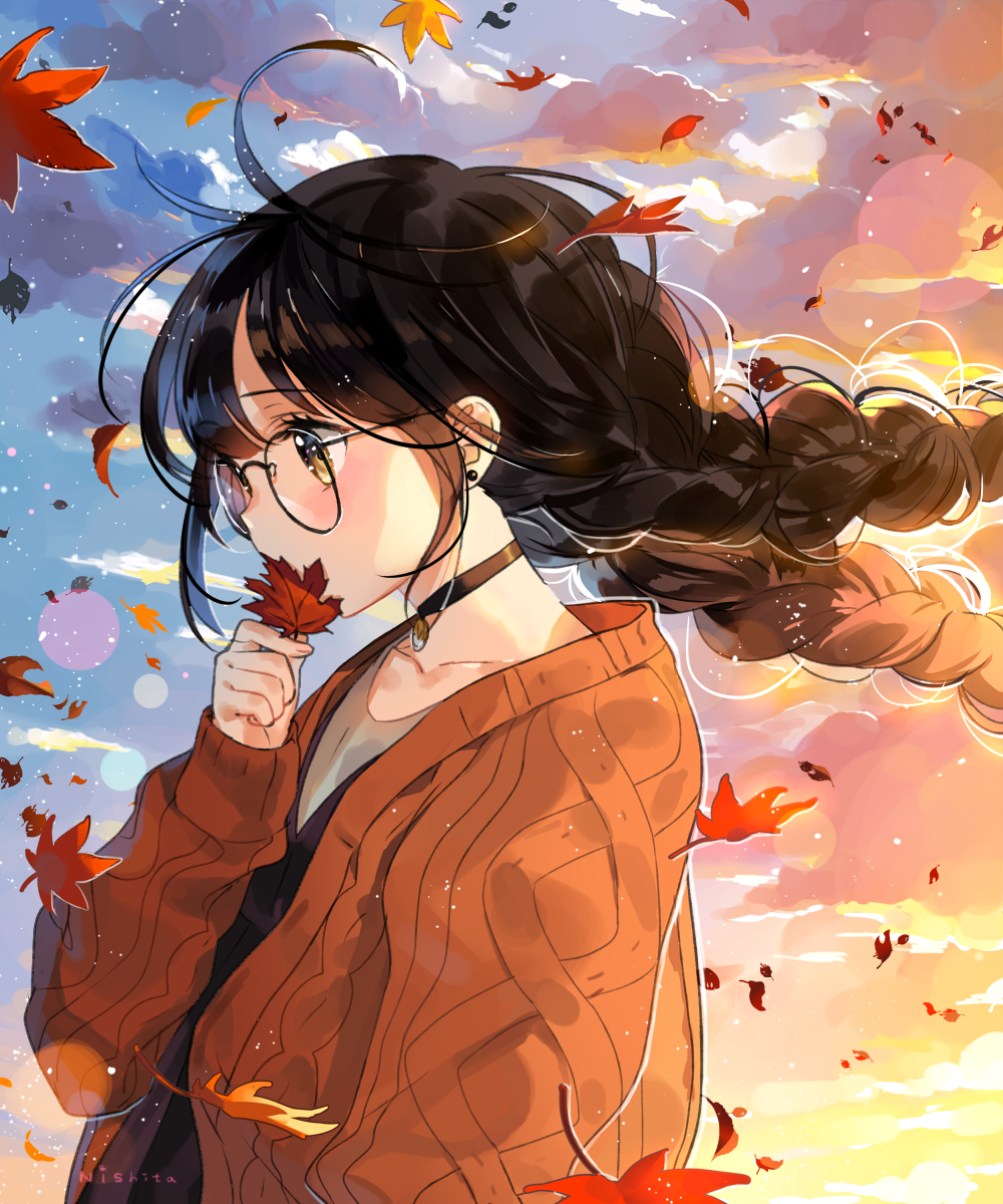 1girl autumn autumn_leaves bangs black-framed_glasses black_hair blurry blush bokeh braid brown_hair choker clouds covering_mouth depth_of_field earrings falling_leaves from_side glasses highres holding_leaf jewelry leaf long_hair long_sleeves ninee original outdoors round_glasses sky solo text twilight twin_braids upper_body wind yellow_eyes