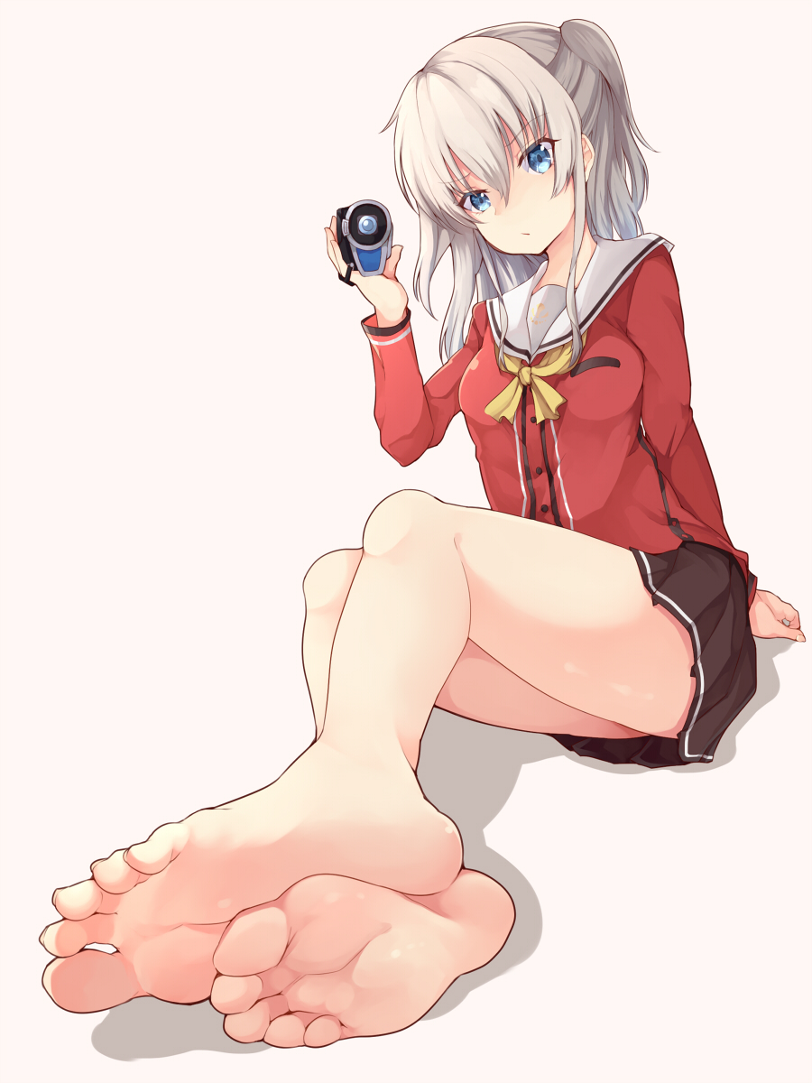 1girl bare_legs barefoot batatata77 blue_eyes camcorder charlotte_(anime) feet highres long_hair looking_at_viewer school_uniform serafuku silver_hair sitting skirt soles solo toes tomori_nao twintails two_side_up