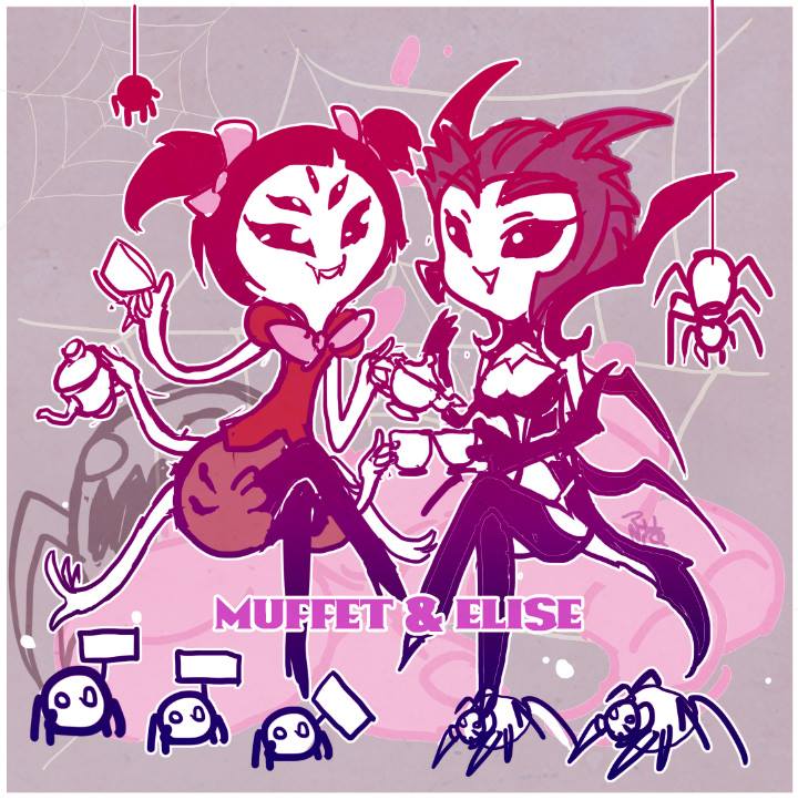 2girls aa2233a bow character_name crossed_legs crossover cup elise_(league_of_legends) fangs league_of_legends muffet multiple_arms multiple_eyes multiple_girls picket_sign short_hair silk smile spider spider_girl spider_web teacup trait_connection undertale