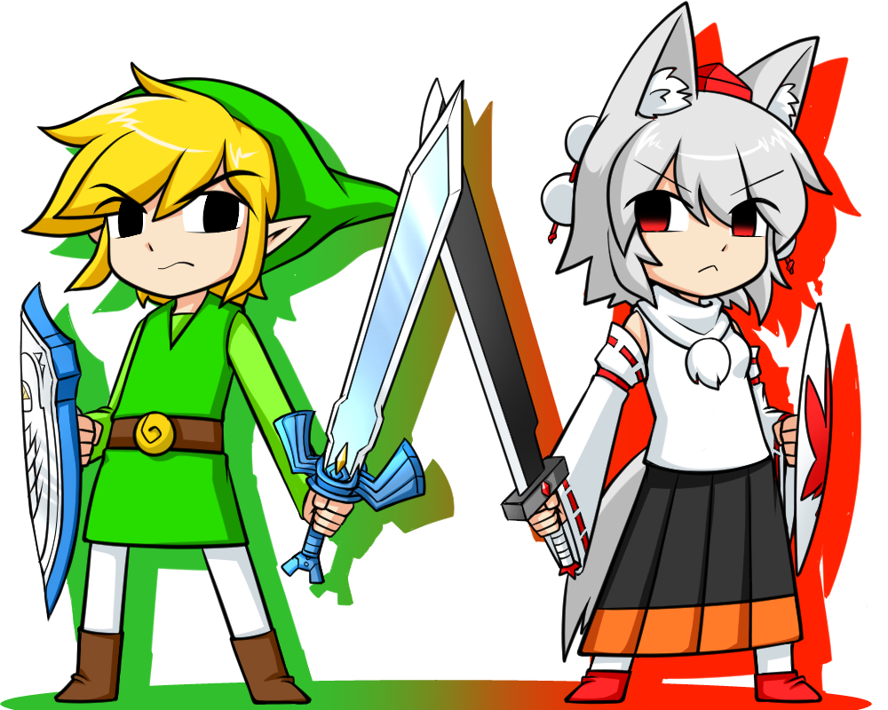 &gt;:&lt; 1boy 1girl animal_ears belt black_eyes blonde_hair boots chibi commentary_request crossed_swords detached_sleeves empty_eyes frown green_hat hat inubashiri_momiji katsumi5o link master_sword pointy_ears pom_pom_(clothes) red_eyes serious shield side-by-side silver_hair skirt sword tail the_legend_of_zelda tokin_hat toon_link touhou tunic turtleneck weapon wolf_ears wolf_tail