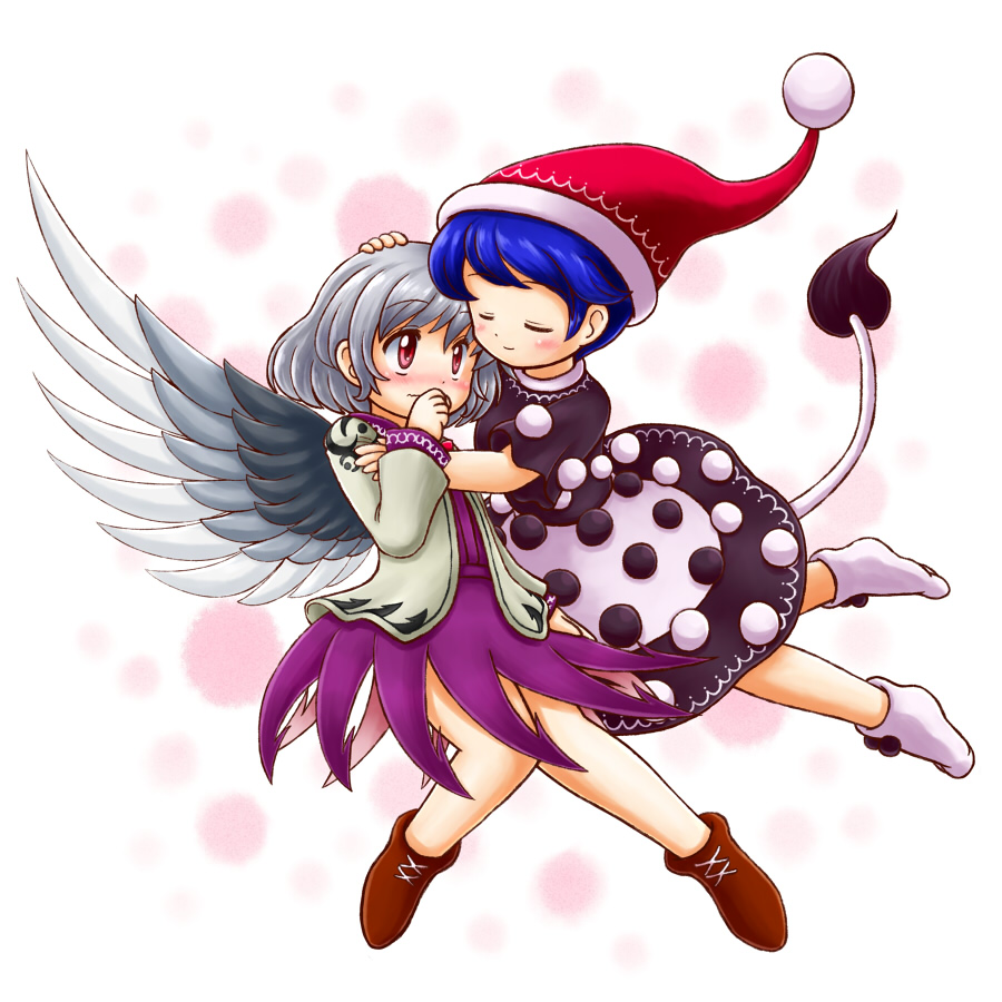 2girls black_dress blue_hair blush brown_jacket brown_shoes closed_eyes covering_mouth doremy_sweet dress embarrassed grey_hair grey_wings hand_on_another's_head hat kishin_sagume knees_together_feet_apart looking_at_another multicolored_dress multiple_girls nightcap nitamago purple_dress red_eyes shoes short_dress short_hair single_wing smile tail touching touhou wavy_mouth white_background white_dress white_legwear wings